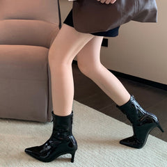 Patent Leather Pointed Toe Mid-thigh High Heel Boots Newgew