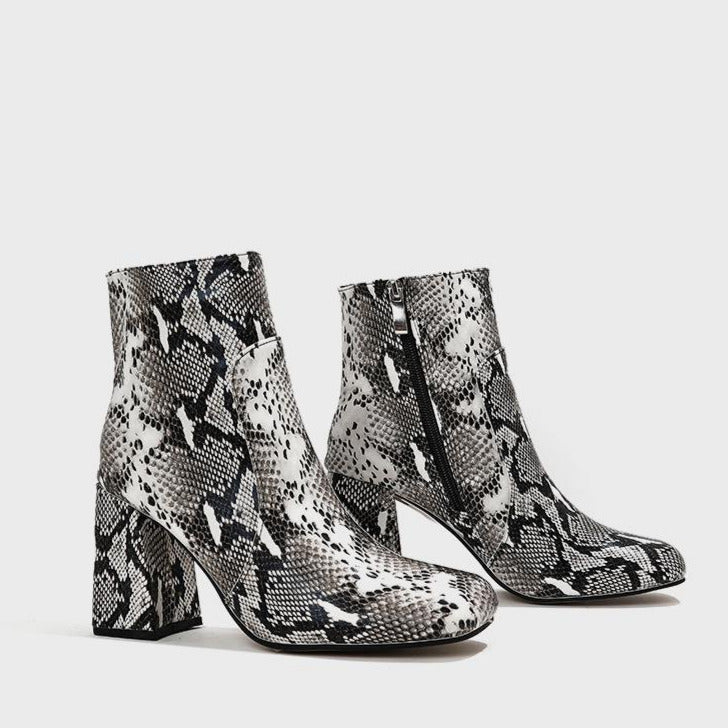 Square Toe Thick Heeled Crocodile Print Mid-calf Boots Newgew