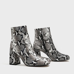 Square Toe Thick Heeled Crocodile Print Mid-calf Boots Newgew