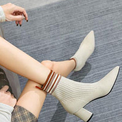 Pointed Toe Chunky Heel Knitted Stretch Sock Boots Newgew