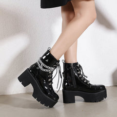 Thick-soled Patent Leather Chain Elements Lace-up Padded Boots Newgew