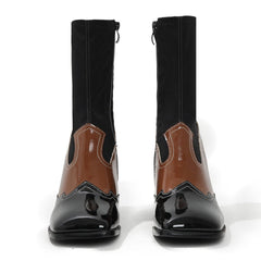 Splicing Thick Heel Square Toe Mid-calf Sock Boots Newgew