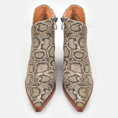 Thick Heeled Pointed Toe Snake Print Leather Boots Newgew
