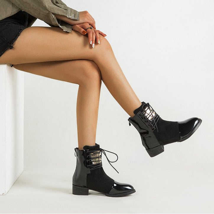 Lace-up Round Toe Low Heeled Back Zipper Boots Newgew