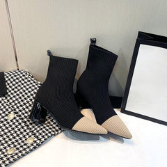 Pointed Toe Chunky Heeled Sock Boots Newgew