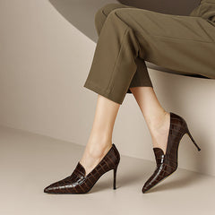 Gloria Brown Pointed Toe Loafer Heels Newgew