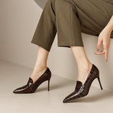 Gloria Brown Pointed Toe Loafer Heels Newgew