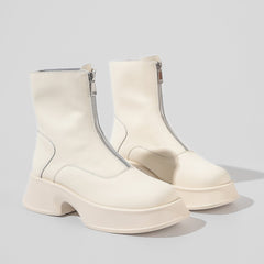 Round Toe Zip Cowhide Short Martin Boots Zipper Heeled Boots Newgew