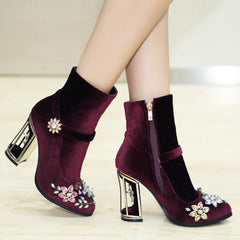 Novelty Handmade Velvet Ankle Booties with Rhinestone Floral Decoration Newgew