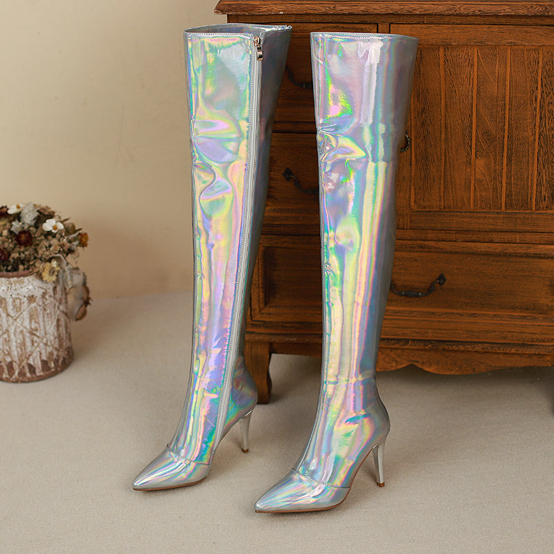Etta Silver Holographic Thigh High Boots with Heels NEW GEW