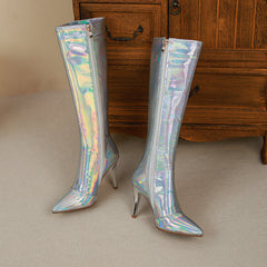 Etta Silver Holographic Knee High Boots with Heels NEW GEW