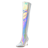 Etta Silver Holographic Thigh High Boots with Heels NEW GEW