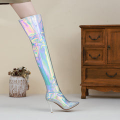 Etta Silver Holographic Thigh High Boots with Heels NEW GEW