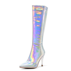 Etta Silver Holographic Knee High Boots with Heels NEW GEW