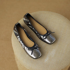 Fawn Square Toe Flats with Bow Gun Color Newgew