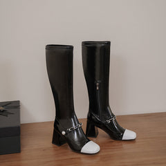 Ila Black Block Heel Knee High Boots with Chain Newgew