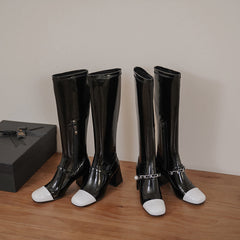 Ila Black Block Heel Knee High Boots with Chain Newgew