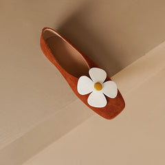 Iman Brown Square Toe Ballet Flats with Flowers Newgew