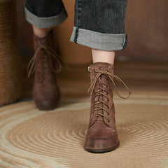 Yusra Genuine Leather Chunky Heel Lace up Ankle Boots Newgew