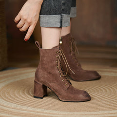 Yusra Genuine Leather Chunky Heel Lace up Ankle Boots Newgew