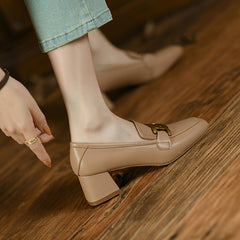 Zena Genuine Leather Chunky Heel Loafers with Chain Newgew