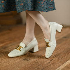 Zena Genuine Leather Chunky Heel Loafers with Chain Newgew