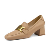 Zena Genuine Leather Chunky Heel Loafers with Chain Newgew