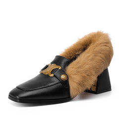 Zofia Genuine Leather Chunky Heel Loafers with Fur Newgew