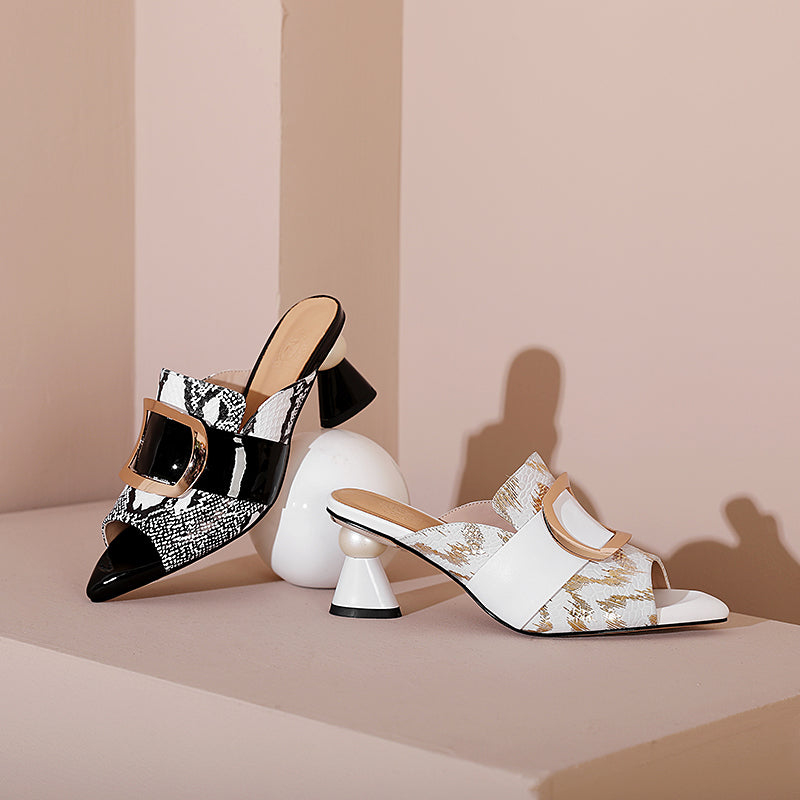 Dominique Print Leather Open Toe Novelty Heel Mules NEW GEW