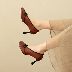 Hinda Vintage Genuine Leather Handmade Round Toe Kitten Heels with Bow Newgew