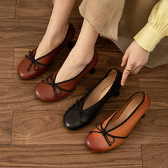Hinda Vintage Genuine Leather Handmade Round Toe Kitten Heels with Bow Newgew