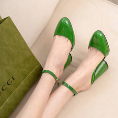 Huntley High Chunky Heel Patent Leather Ankle Strap Pumps Newgew