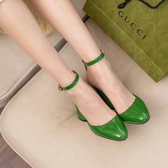 Huntley High Chunky Heel Patent Leather Ankle Strap Pumps Newgew