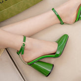 Huntley High Chunky Heel Patent Leather Ankle Strap Pumps Newgew