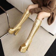 Harper Lace up Gold Knee High Boots Newgew