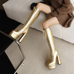 Harper Lace up Gold Knee High Boots Newgew