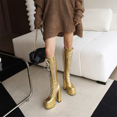 Harper Lace up Gold Knee High Boots Newgew