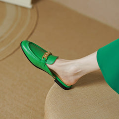 Eleni Green Leather Flat Mules NEW GEW