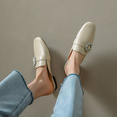 Elara Beige Leather Flat Mules NEW GEW