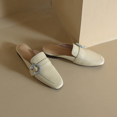 Elara Beige Leather Flat Mules NEW GEW