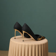 Mira Pointed Toe Black and Gold High Heels newgew
