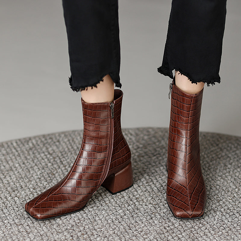 Ida Croc Embossed Leather Burgundy Ankle Boots Newgew