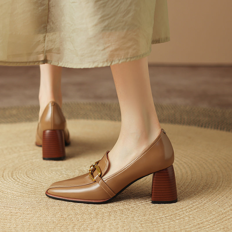 Italia Khaki Square Toe Heeled Loafers newgew