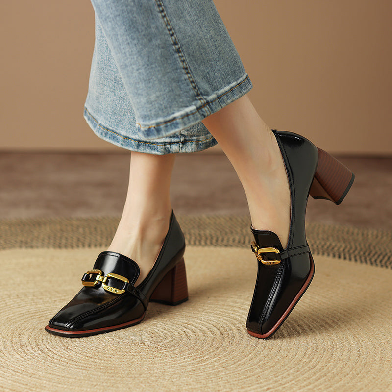 Italia Black Square Toe Heeled Loafers newgew