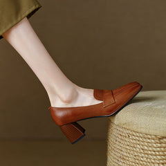 Inga Square Toe Block Heeled Loafers Brown Newgew