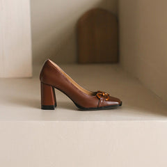 Faigy Square Toe Gold Chain Heels Brown NEW GEW