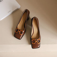 Faigy Square Toe Gold Chain Heels Brown NEW GEW