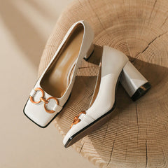 Faigy Square Toe Gold Chain Heels White NEW GEW