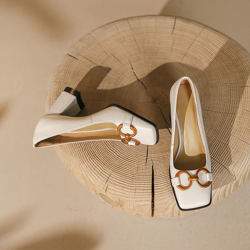 Faigy Square Toe Gold Chain Heels White NEW GEW