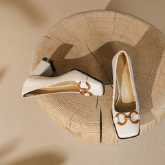 Faigy Square Toe Gold Chain Heels White NEW GEW